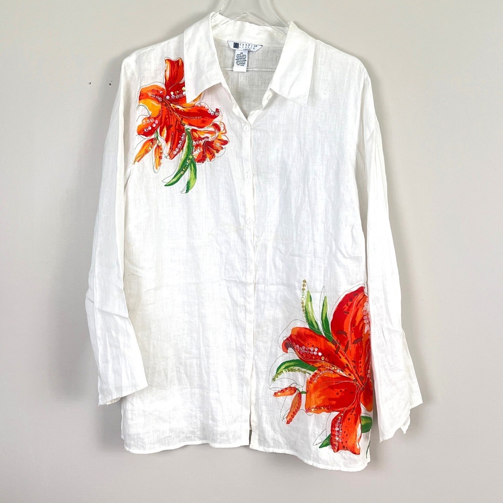 Carole Little Linen Button Down Top 2X Floral Sequin White Lily Coastal Grandma